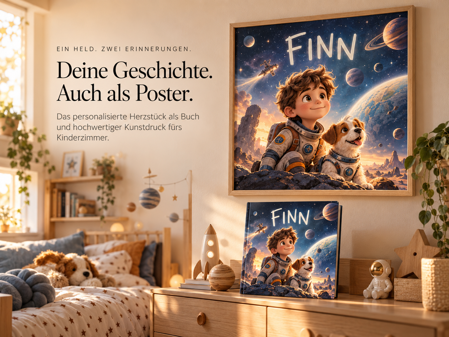 Kinderzimmer: 40 × 40 cm Herzstück Poster an der Wand neben dem 21 × 21 cm Hardcover, realistische Größenrelation